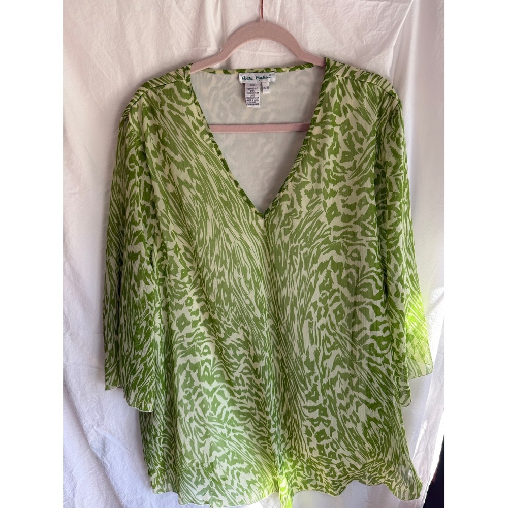 Ulla Popken Green White Abstract Print V-Neck Blouse Plus Size 28/30 Relaxed Fit